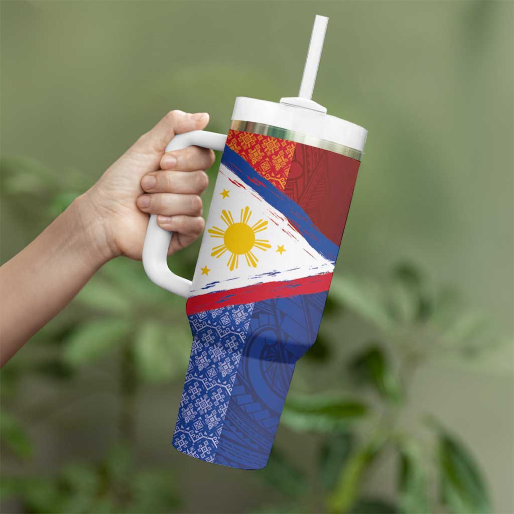 Philippines National Flag Day Tumbler With Handle Polynesian and Yakan Tattoo Brush Style