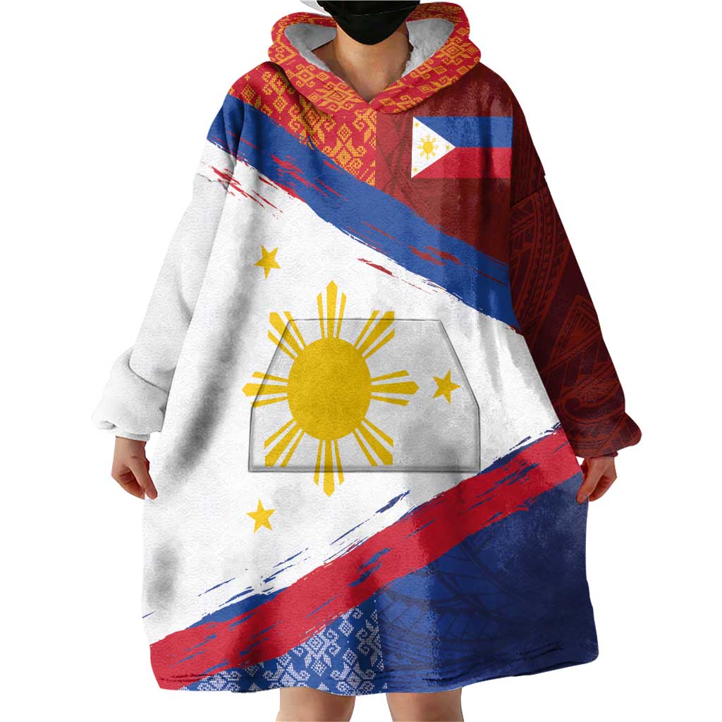 Philippines National Flag Day Wearable Blanket Hoodie Polynesian and Yakan Tattoo Brush Style