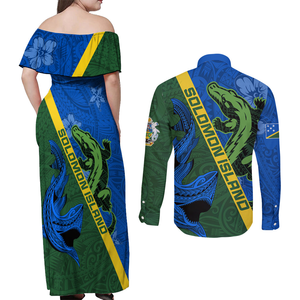 Solomon Island Crocodile and Shark Couples Matching Off Shoulder Maxi Dress and Long Sleeve Button Shirt Polynesian Pattern