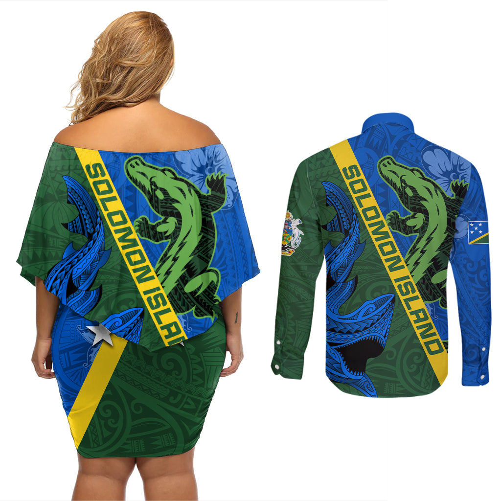 Solomon Island Crocodile and Shark Couples Matching Off Shoulder Short Dress and Long Sleeve Button Shirt Polynesian Pattern