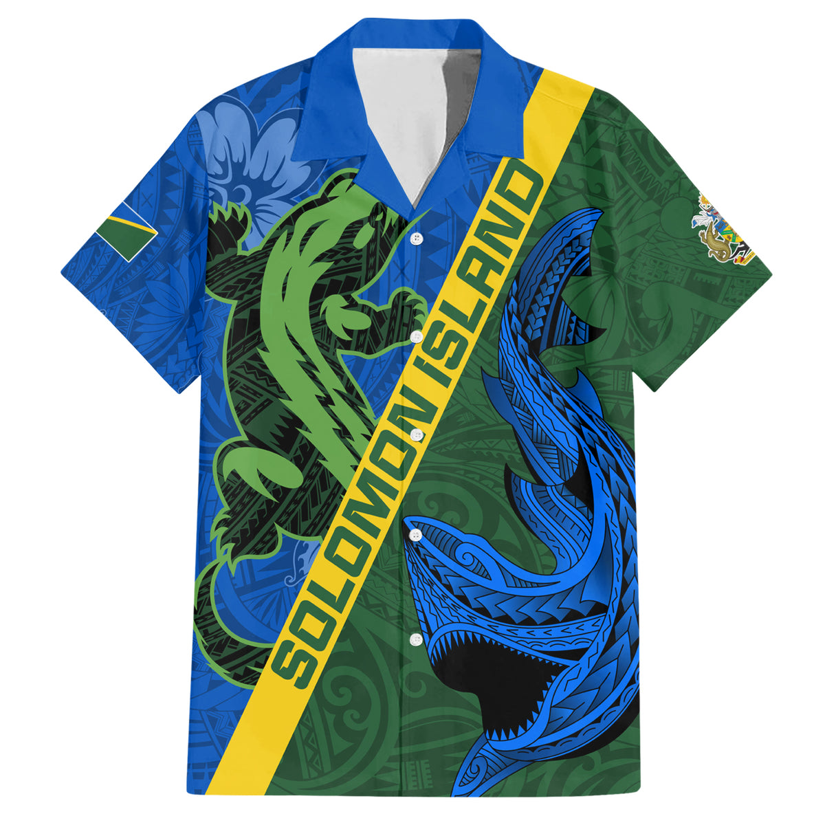Solomon Island Crocodile and Shark Family Matching Short Sleeve Bodycon Dress and Hawaiian Shirt Polynesian Pattern LT03 Dad's Shirt - Short Sleeve Blue - Polynesian Pride