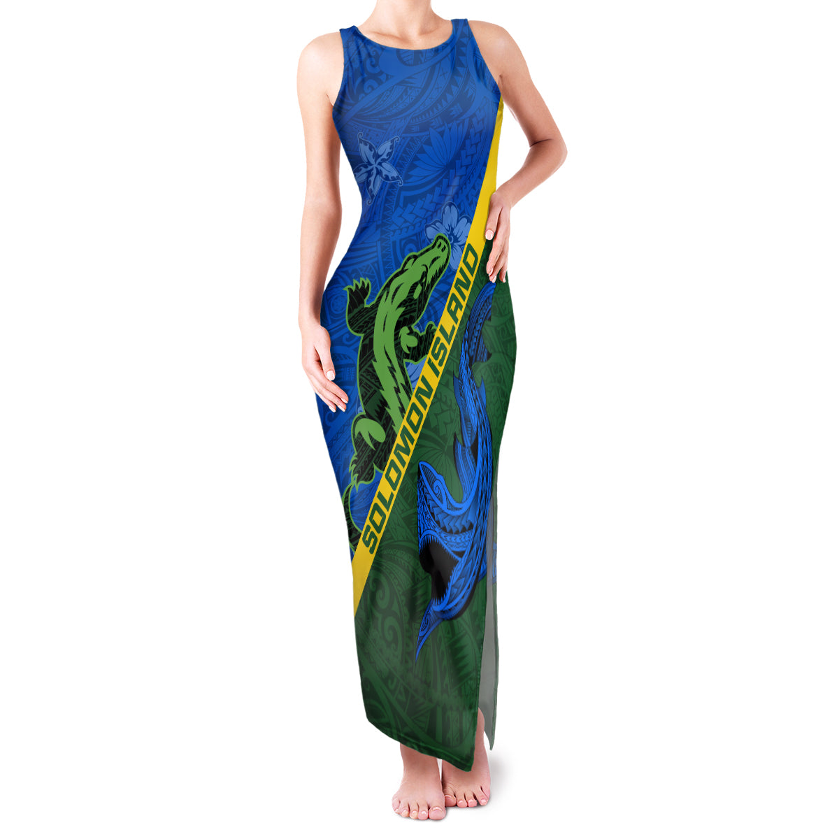 Solomon Island Crocodile and Shark Family Matching Tank Maxi Dress and Hawaiian Shirt Polynesian Pattern