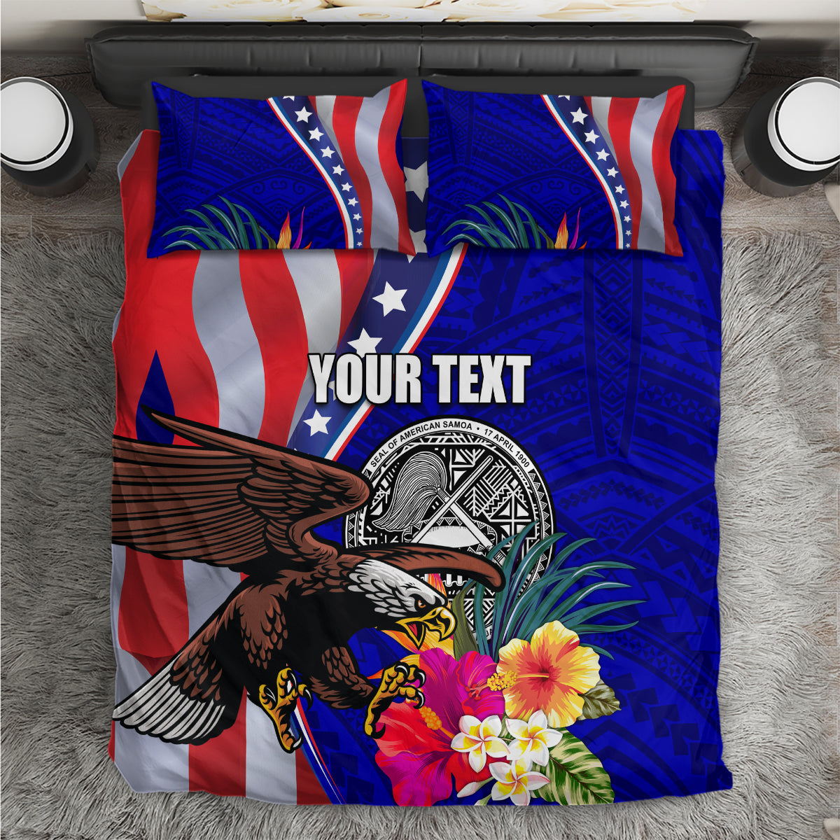 Personalised American Samoa and United States Bedding Set Bald Eagle and Seal Hibiscus Polynesian Pattern LT03 Blue - Polynesian Pride