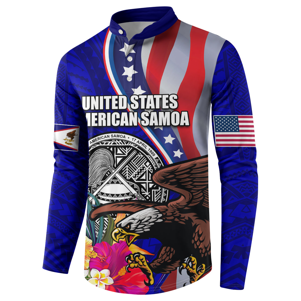 Personalised American Samoa and United States Button Sweatshirt Bald Eagle and Seal Hibiscus Polynesian Pattern