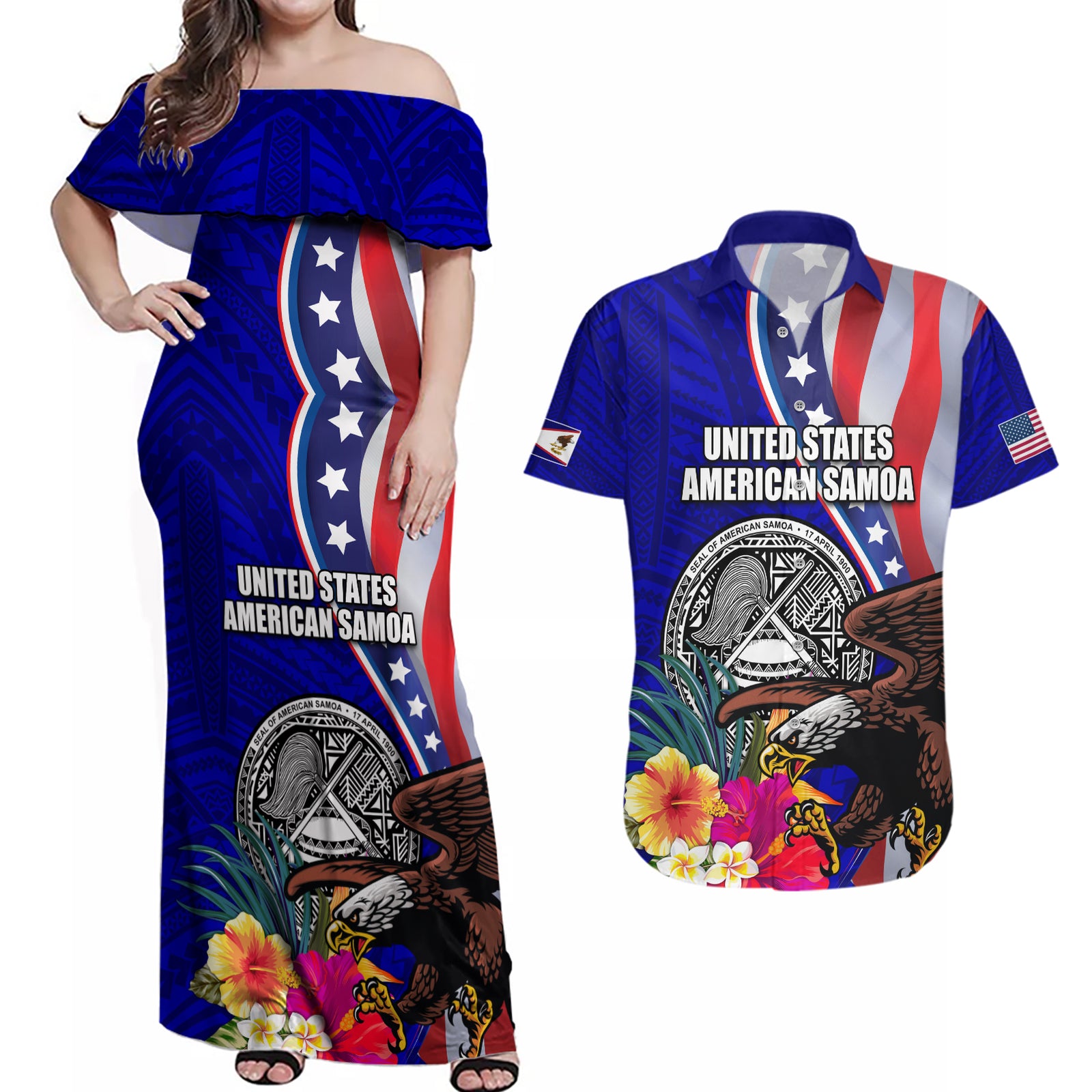 Personalised American Samoa and United States Couples Matching Off Shoulder Maxi Dress and Hawaiian Shirt Bald Eagle and Seal Hibiscus Polynesian Pattern LT03 Blue - Polynesian Pride