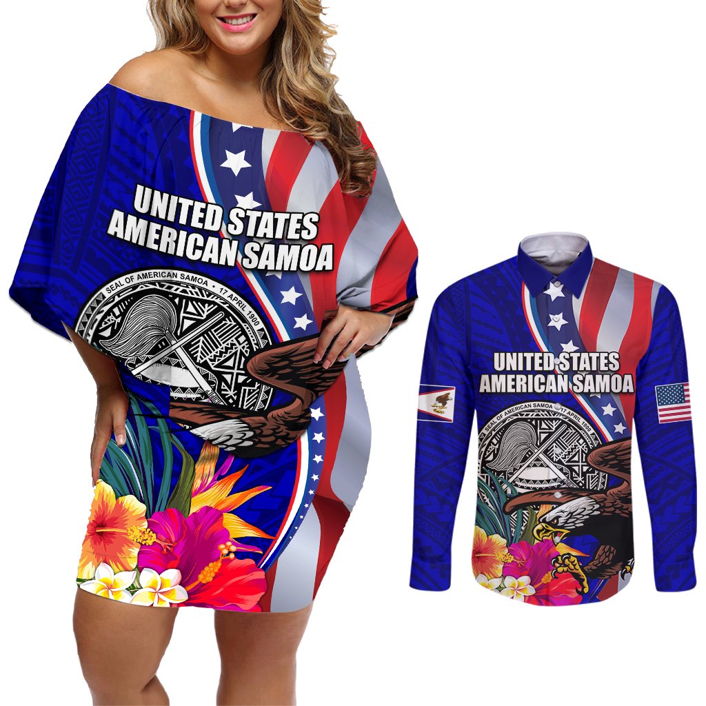 Personalised American Samoa and United States Couples Matching Off Shoulder Short Dress and Long Sleeve Button Shirt Bald Eagle and Seal Hibiscus Polynesian Pattern LT03 Blue - Polynesian Pride