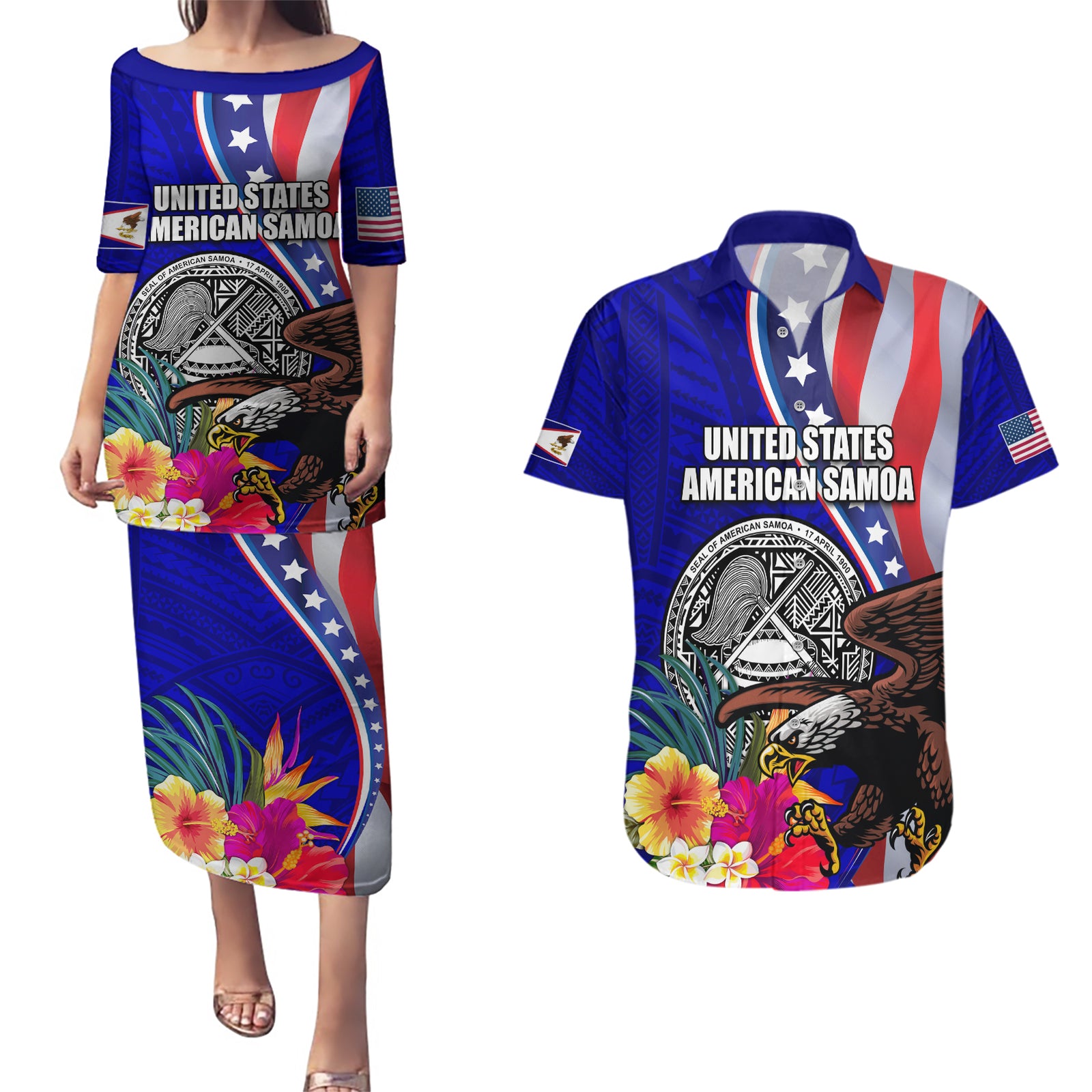 Personalised American Samoa and United States Couples Matching Puletasi and Hawaiian Shirt Bald Eagle and Seal Hibiscus Polynesian Pattern LT03 Blue - Polynesian Pride