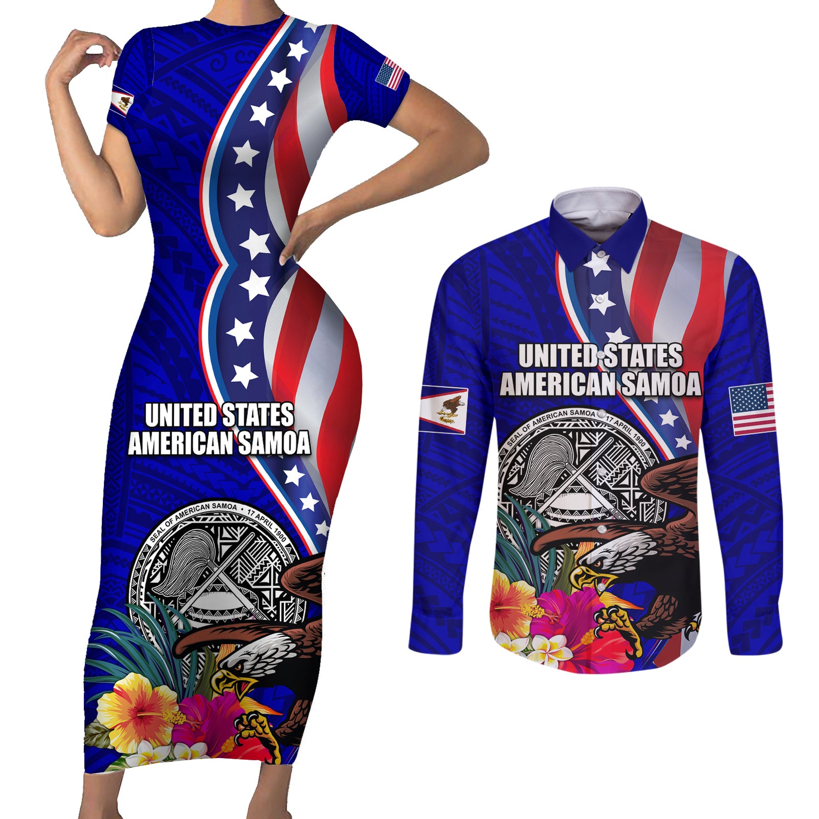 Personalised American Samoa and United States Couples Matching Short Sleeve Bodycon Dress and Long Sleeve Button Shirt Bald Eagle and Seal Hibiscus Polynesian Pattern LT03 Blue - Polynesian Pride