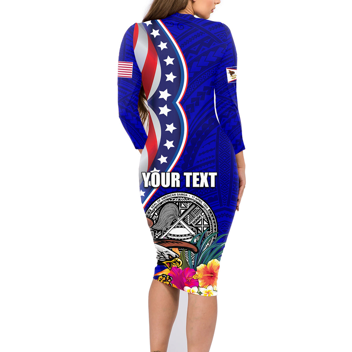Personalised American Samoa and United States Family Matching Long Sleeve Bodycon Dress and Hawaiian Shirt Bald Eagle and Seal Hibiscus Polynesian Pattern