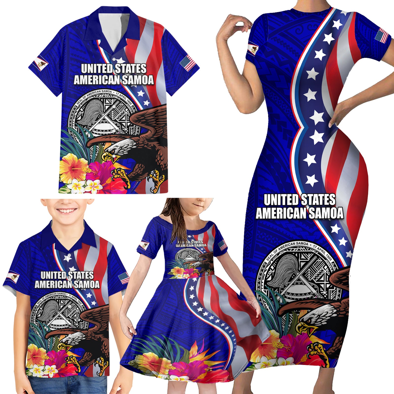 Personalised American Samoa and United States Family Matching Short Sleeve Bodycon Dress and Hawaiian Shirt Bald Eagle and Seal Hibiscus Polynesian Pattern LT03 - Polynesian Pride