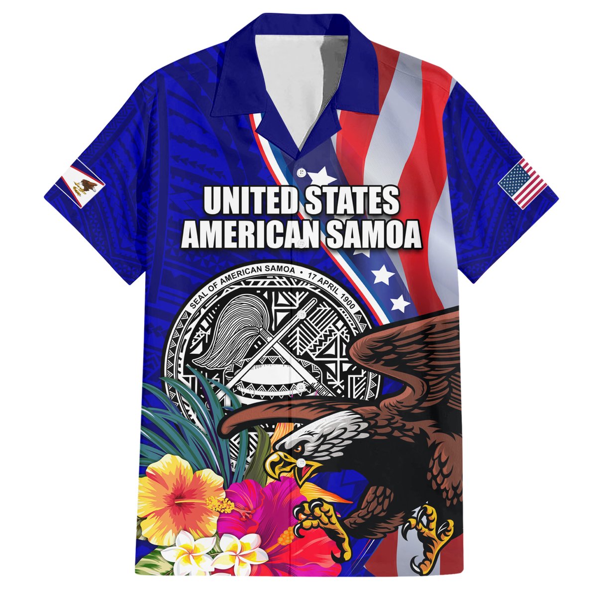 Personalised American Samoa and United States Hawaiian Shirt Bald Eagle and Seal Hibiscus Polynesian Pattern LT03 Blue - Polynesian Pride