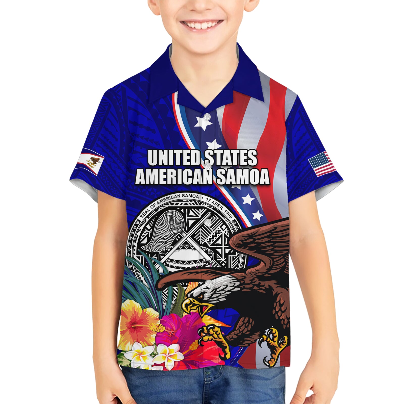 Personalised American Samoa and United States Kid Hawaiian Shirt Bald Eagle and Seal Hibiscus Polynesian Pattern LT03 Kid Blue - Polynesian Pride