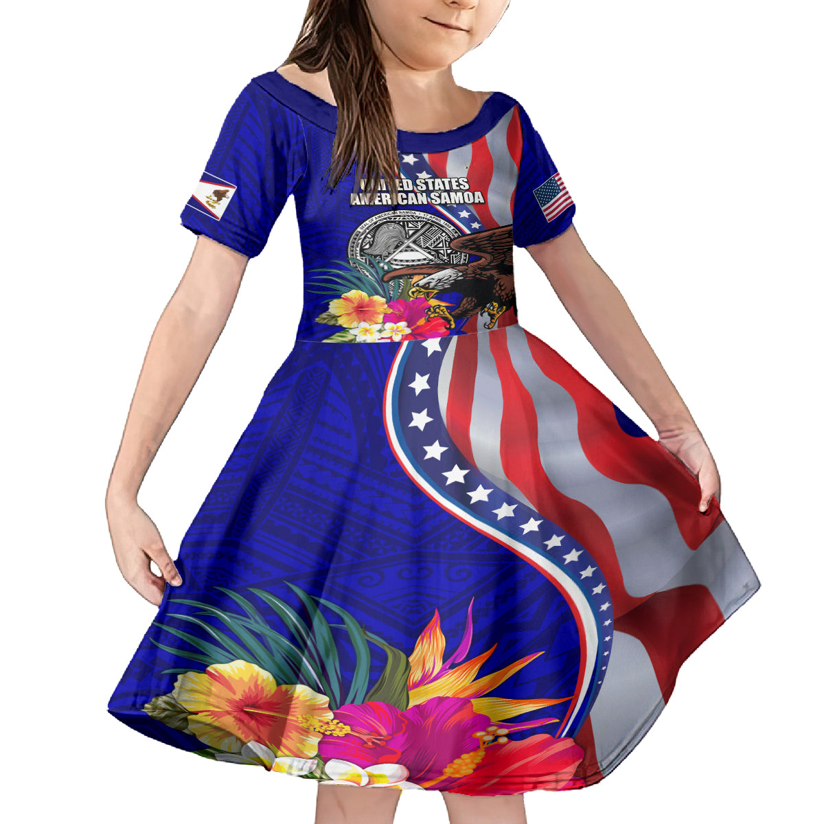 Personalised American Samoa and United States Kid Short Sleeve Dress Bald Eagle and Seal Hibiscus Polynesian Pattern LT03 KID Blue - Polynesian Pride