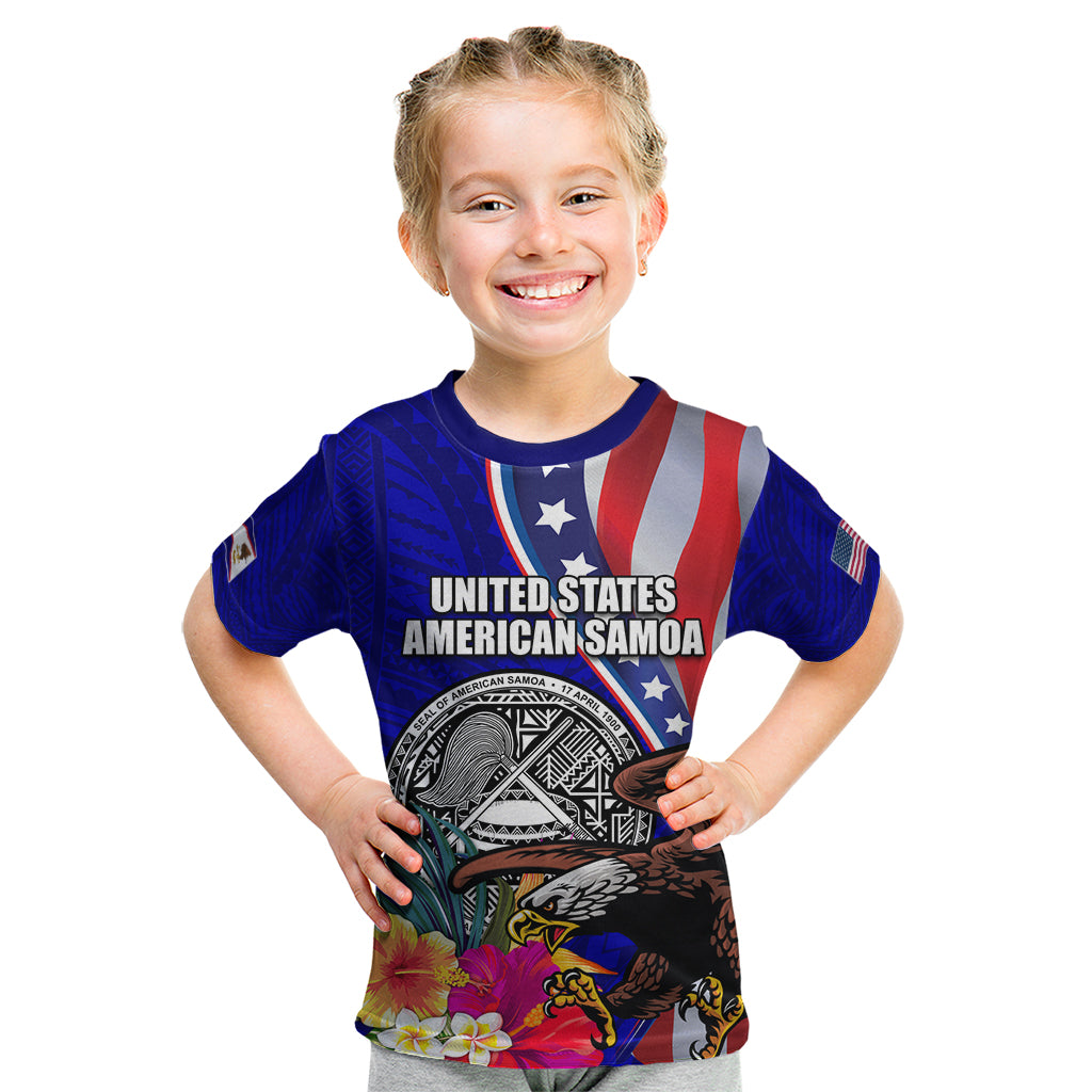 Personalised American Samoa and United States Kid T Shirt Bald Eagle and Seal Hibiscus Polynesian Pattern LT03 Blue - Polynesian Pride