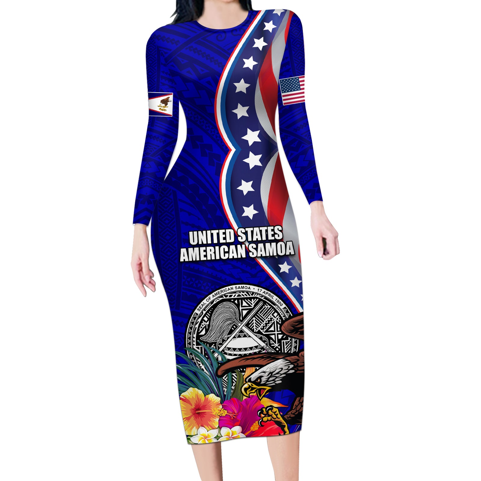 Personalised American Samoa and United States Long Sleeve Bodycon Dress Bald Eagle and Seal Hibiscus Polynesian Pattern LT03 Long Dress Blue - Polynesian Pride