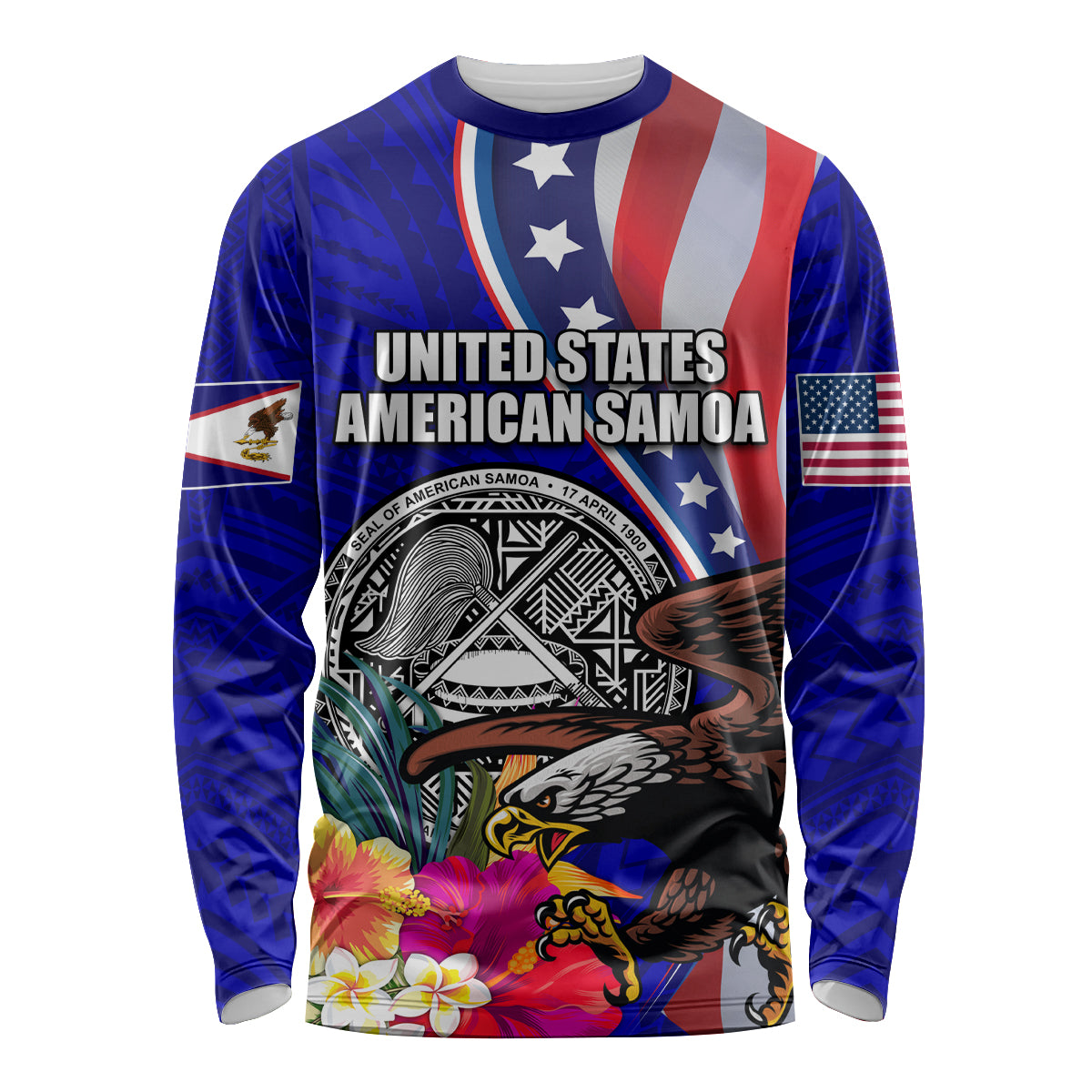 Personalised American Samoa and United States Long Sleeve Shirt Bald Eagle and Seal Hibiscus Polynesian Pattern LT03 Unisex Blue - Polynesian Pride