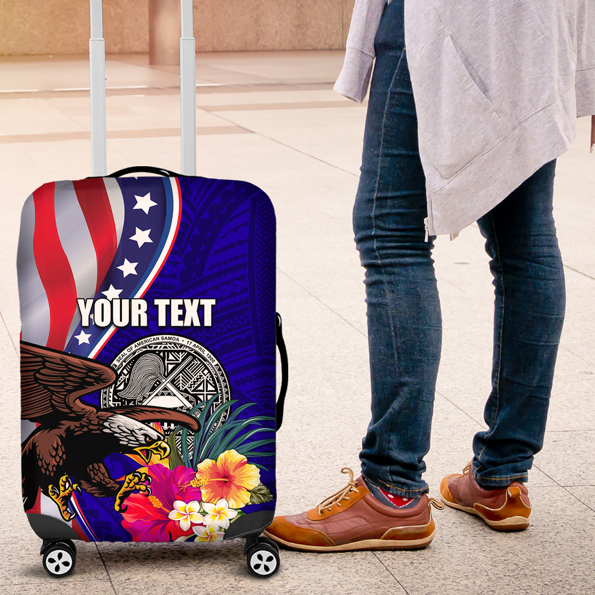 Personalised American Samoa and United States Luggage Cover Bald Eagle and Seal Hibiscus Polynesian Pattern LT03 Blue - Polynesian Pride