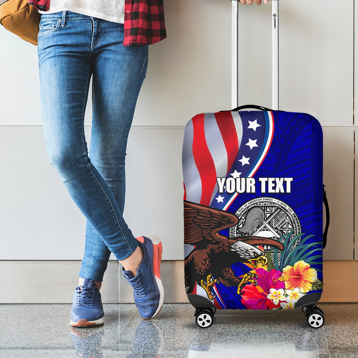 Personalised American Samoa and United States Luggage Cover Bald Eagle and Seal Hibiscus Polynesian Pattern LT03 - Polynesian Pride