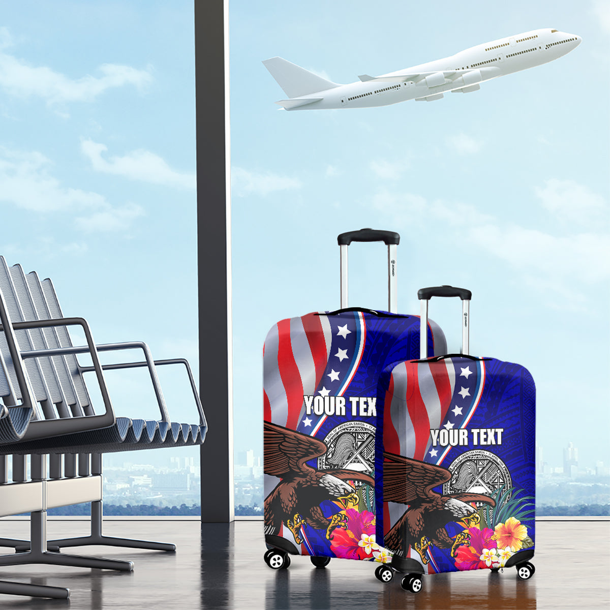 Personalised American Samoa and United States Luggage Cover Bald Eagle and Seal Hibiscus Polynesian Pattern LT03 - Polynesian Pride