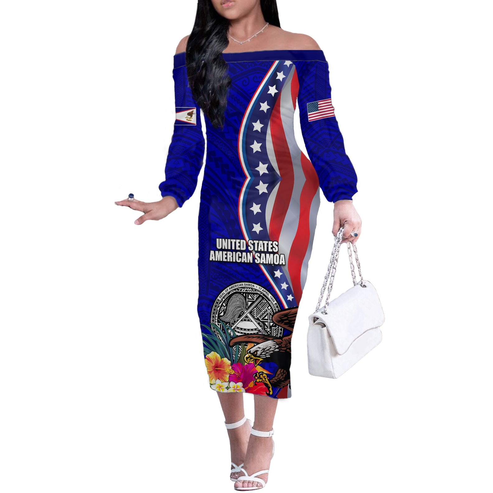 Personalised American Samoa and United States Off The Shoulder Long Sleeve Dress Bald Eagle and Seal Hibiscus Polynesian Pattern LT03 Women Blue - Polynesian Pride