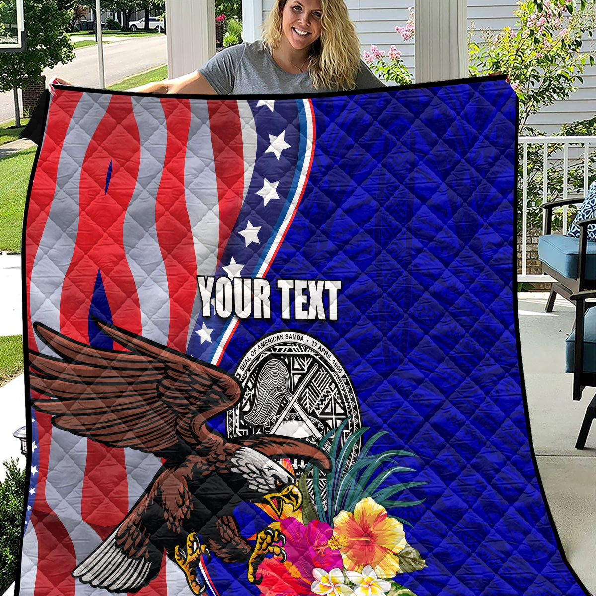 Personalised American Samoa and United States Quilt Bald Eagle and Seal Hibiscus Polynesian Pattern LT03 Blue - Polynesian Pride