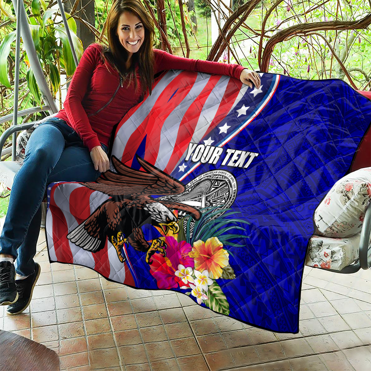 Personalised American Samoa and United States Quilt Bald Eagle and Seal Hibiscus Polynesian Pattern LT03 - Polynesian Pride