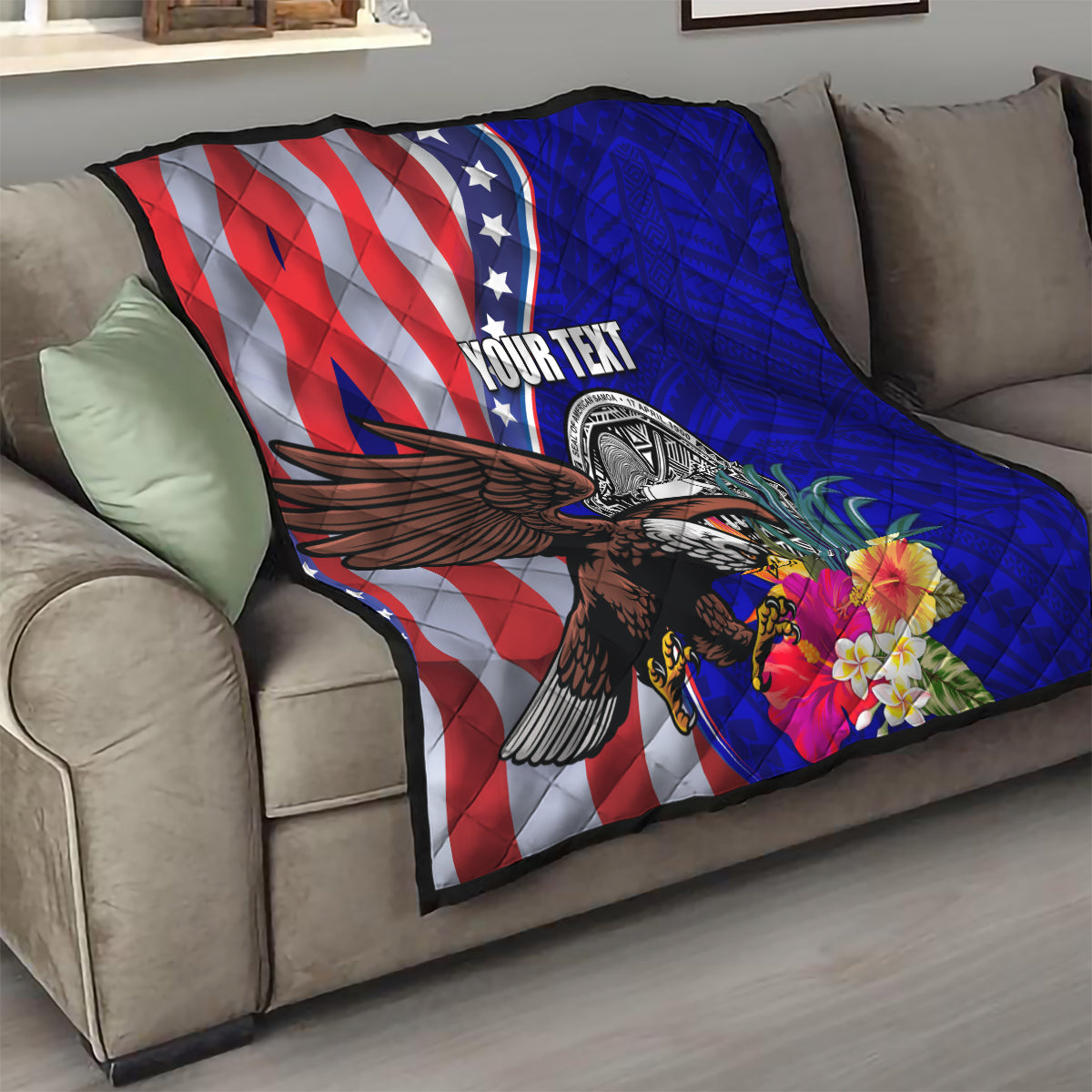 Personalised American Samoa and United States Quilt Bald Eagle and Seal Hibiscus Polynesian Pattern LT03 - Polynesian Pride