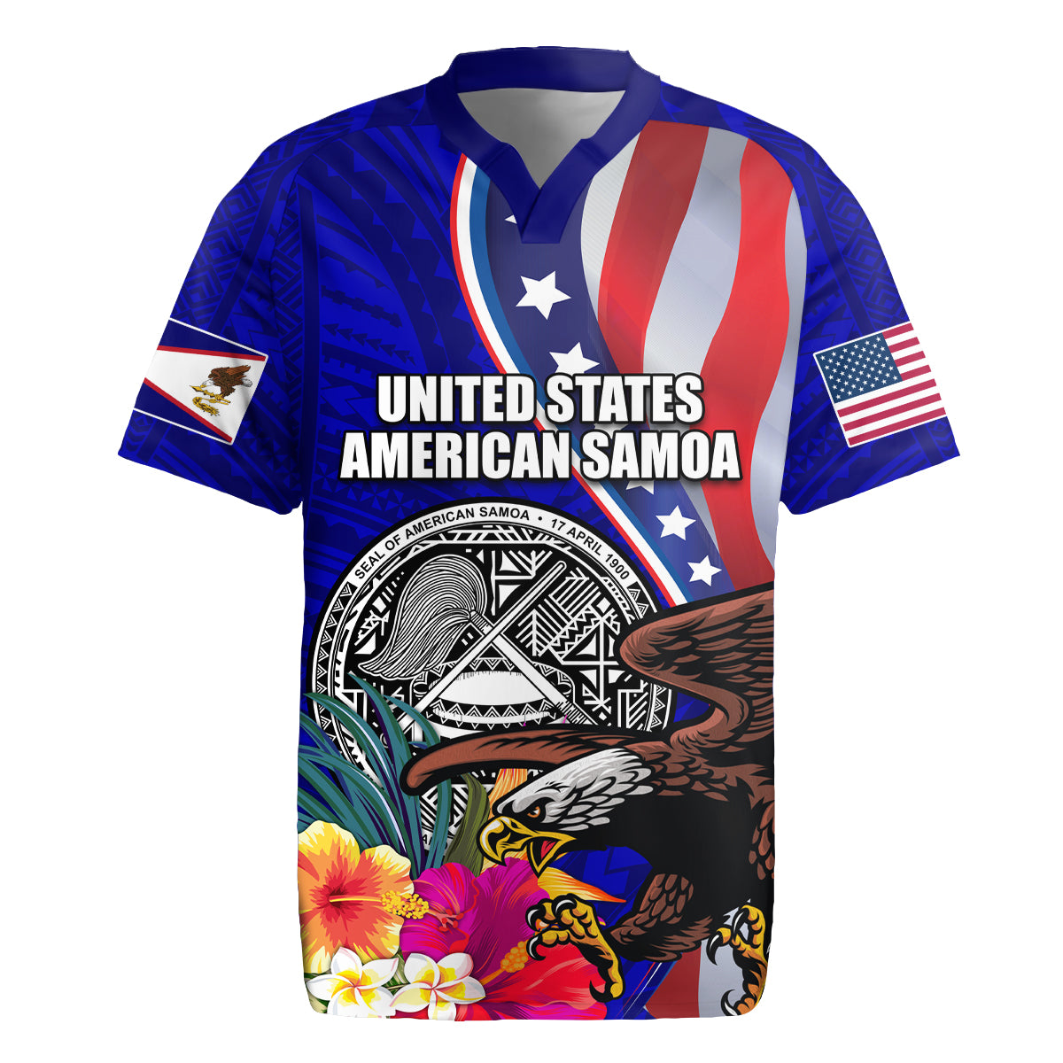 Personalised American Samoa and United States Rugby Jersey Bald Eagle and Seal Hibiscus Polynesian Pattern LT03 Blue - Polynesian Pride