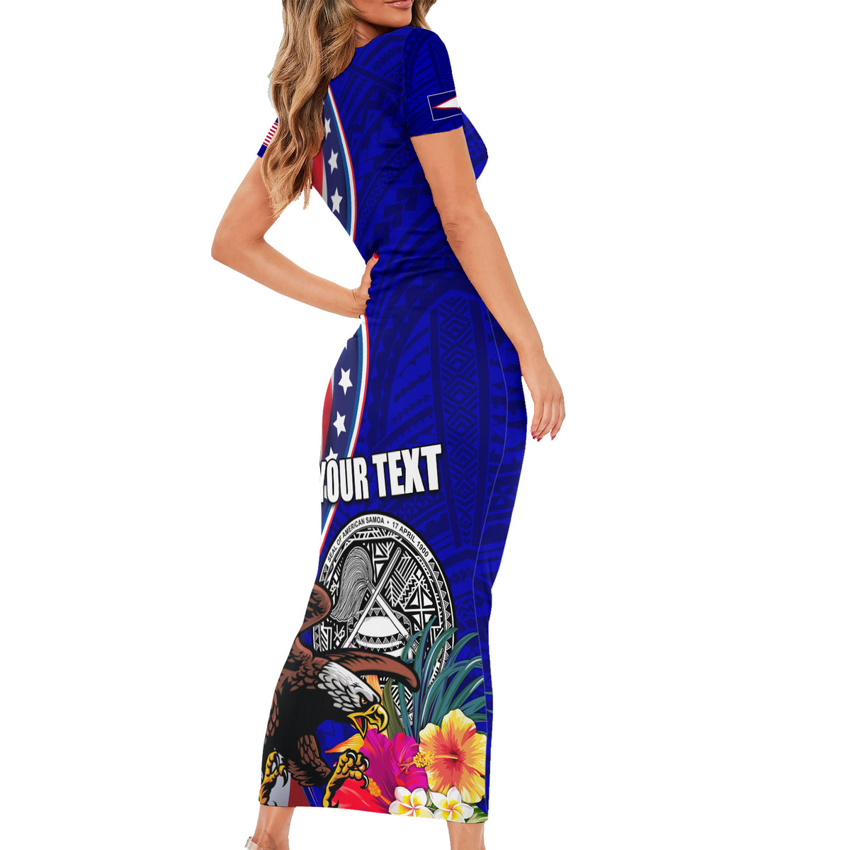 Personalised American Samoa and United States Short Sleeve Bodycon Dress Bald Eagle and Seal Hibiscus Polynesian Pattern