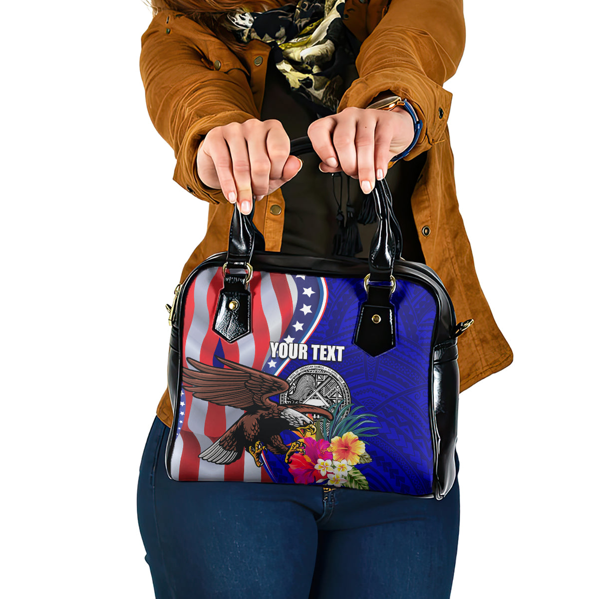 Personalised American Samoa and United States Shoulder Handbag Bald Eagle and Seal Hibiscus Polynesian Pattern LT03 One Size Blue - Polynesian Pride