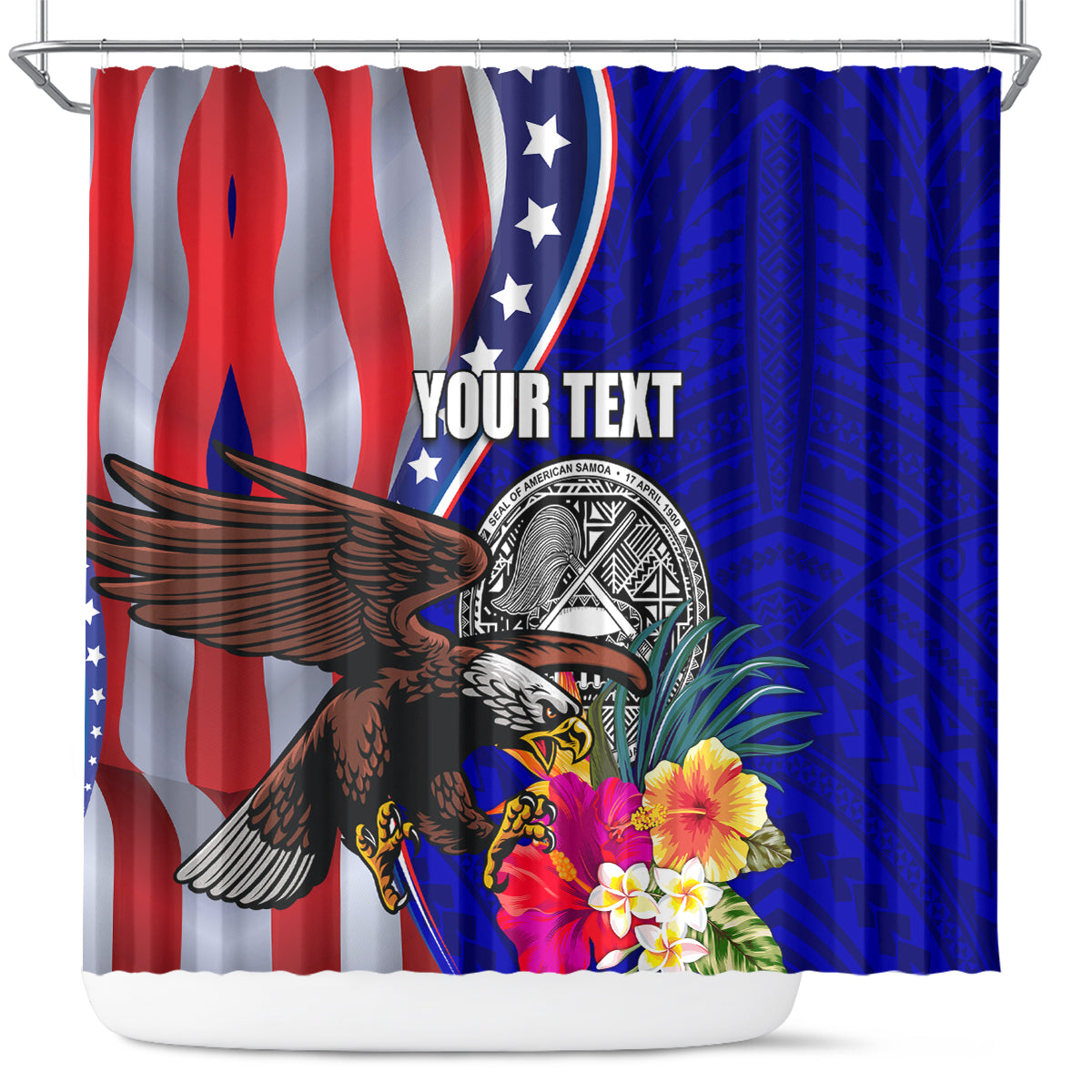 Personalised American Samoa and United States Shower Curtain Bald Eagle and Seal Hibiscus Polynesian Pattern LT03 Blue - Polynesian Pride