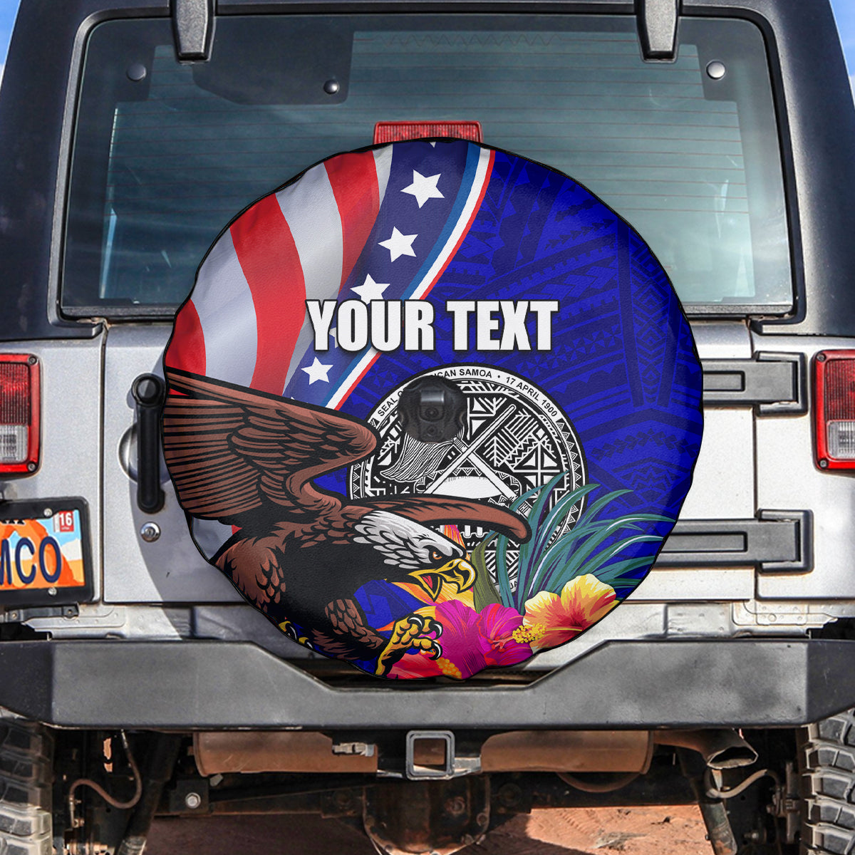 Personalised American Samoa and United States Spare Tire Cover Bald Eagle and Seal Hibiscus Polynesian Pattern LT03 Blue - Polynesian Pride