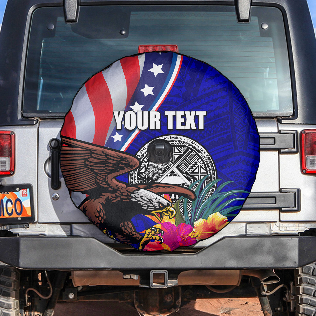Personalised American Samoa and United States Spare Tire Cover Bald Eagle and Seal Hibiscus Polynesian Pattern