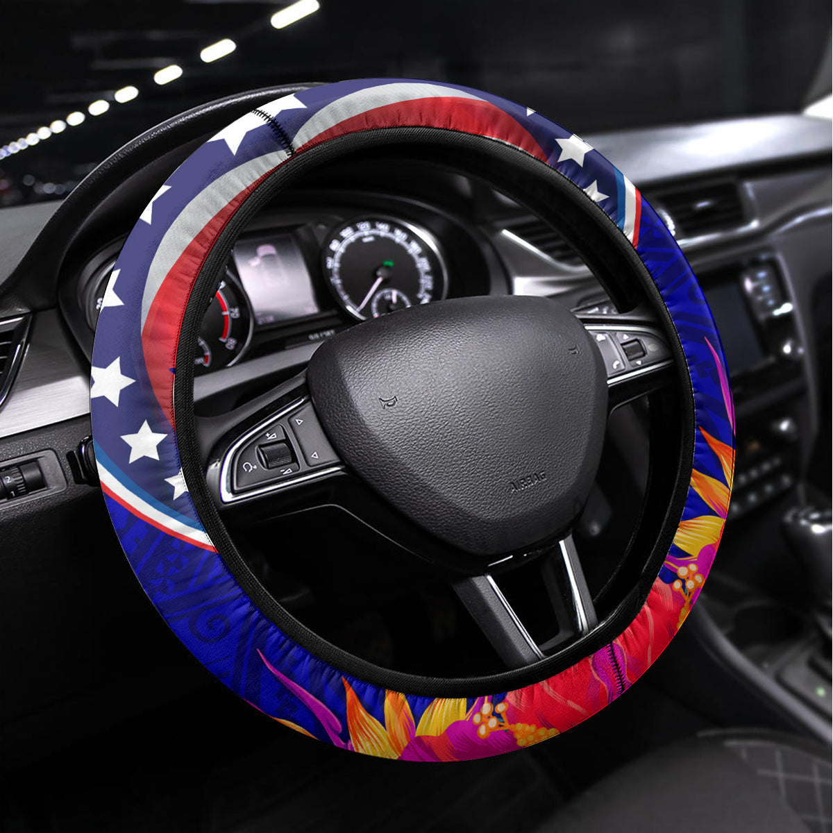 American Samoa and United States Steering Wheel Cover Bald Eagle and Seal Hibiscus Polynesian Pattern LT03 Universal Fit Blue - Polynesian Pride