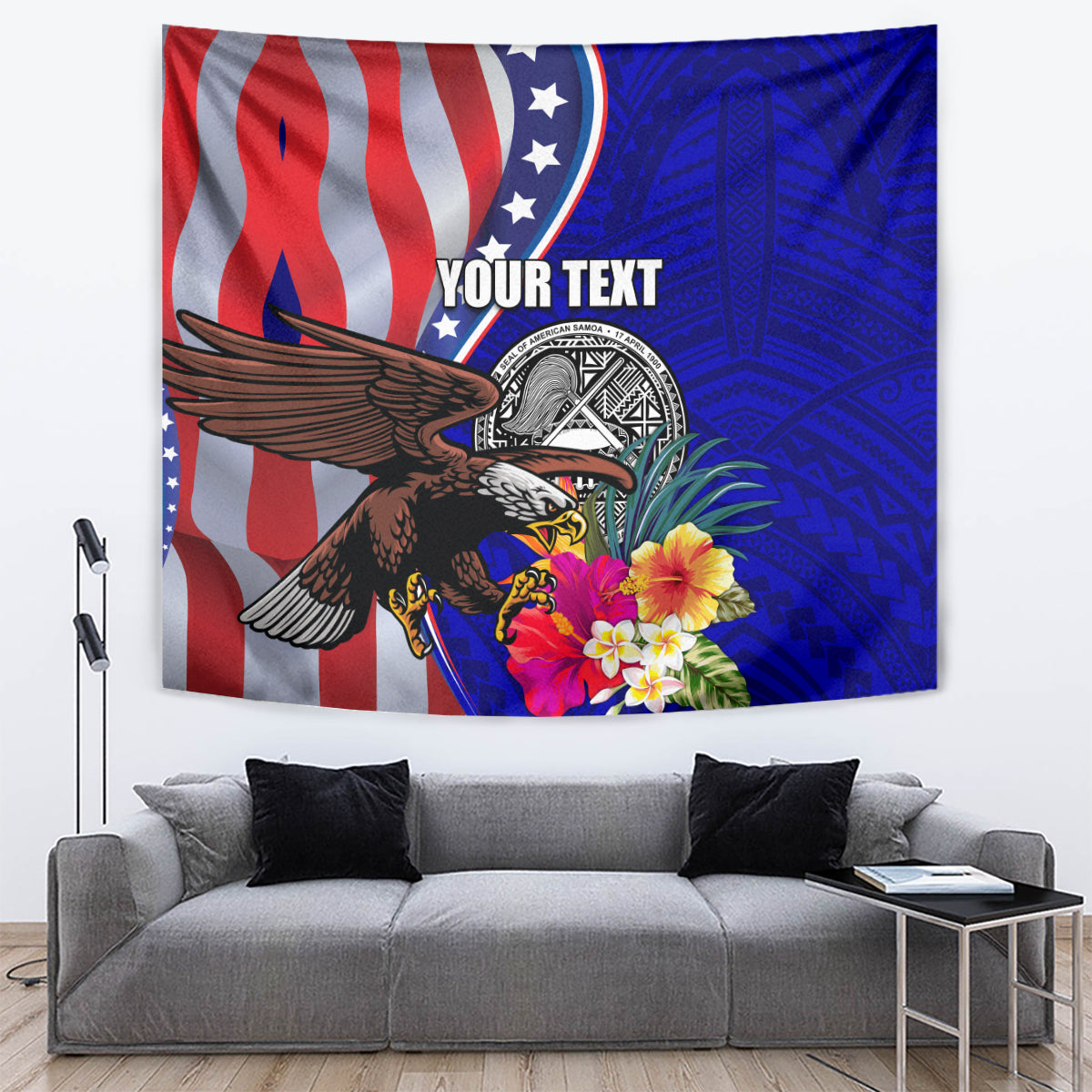 Personalised American Samoa and United States Tapestry Bald Eagle and Seal Hibiscus Polynesian Pattern LT03 Blue - Polynesian Pride