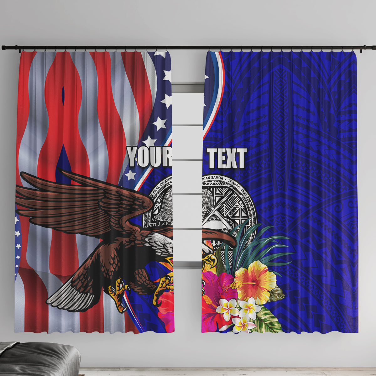 Personalised American Samoa and United States Window Curtain Bald Eagle and Seal Hibiscus Polynesian Pattern LT03 With Hooks Blue - Polynesian Pride
