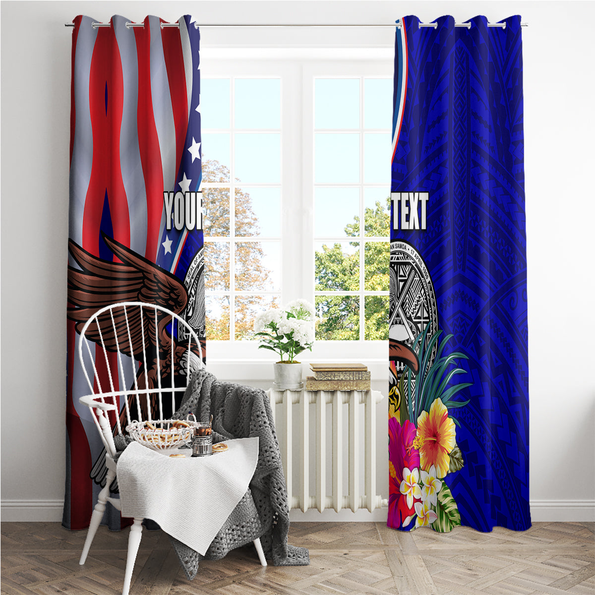 Personalised American Samoa and United States Window Curtain Bald Eagle and Seal Hibiscus Polynesian Pattern LT03 - Polynesian Pride