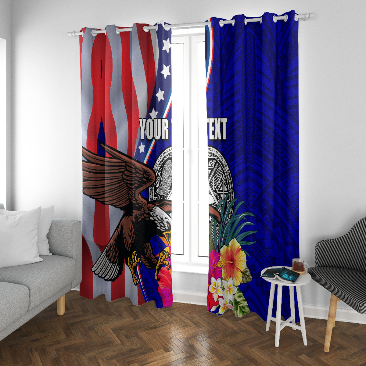 Personalised American Samoa and United States Window Curtain Bald Eagle and Seal Hibiscus Polynesian Pattern LT03 With Grommets Blue - Polynesian Pride