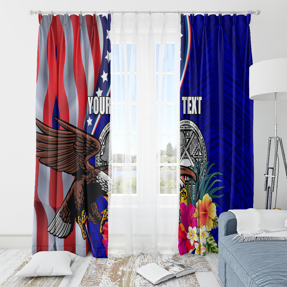 Personalised American Samoa and United States Window Curtain Bald Eagle and Seal Hibiscus Polynesian Pattern LT03 - Polynesian Pride