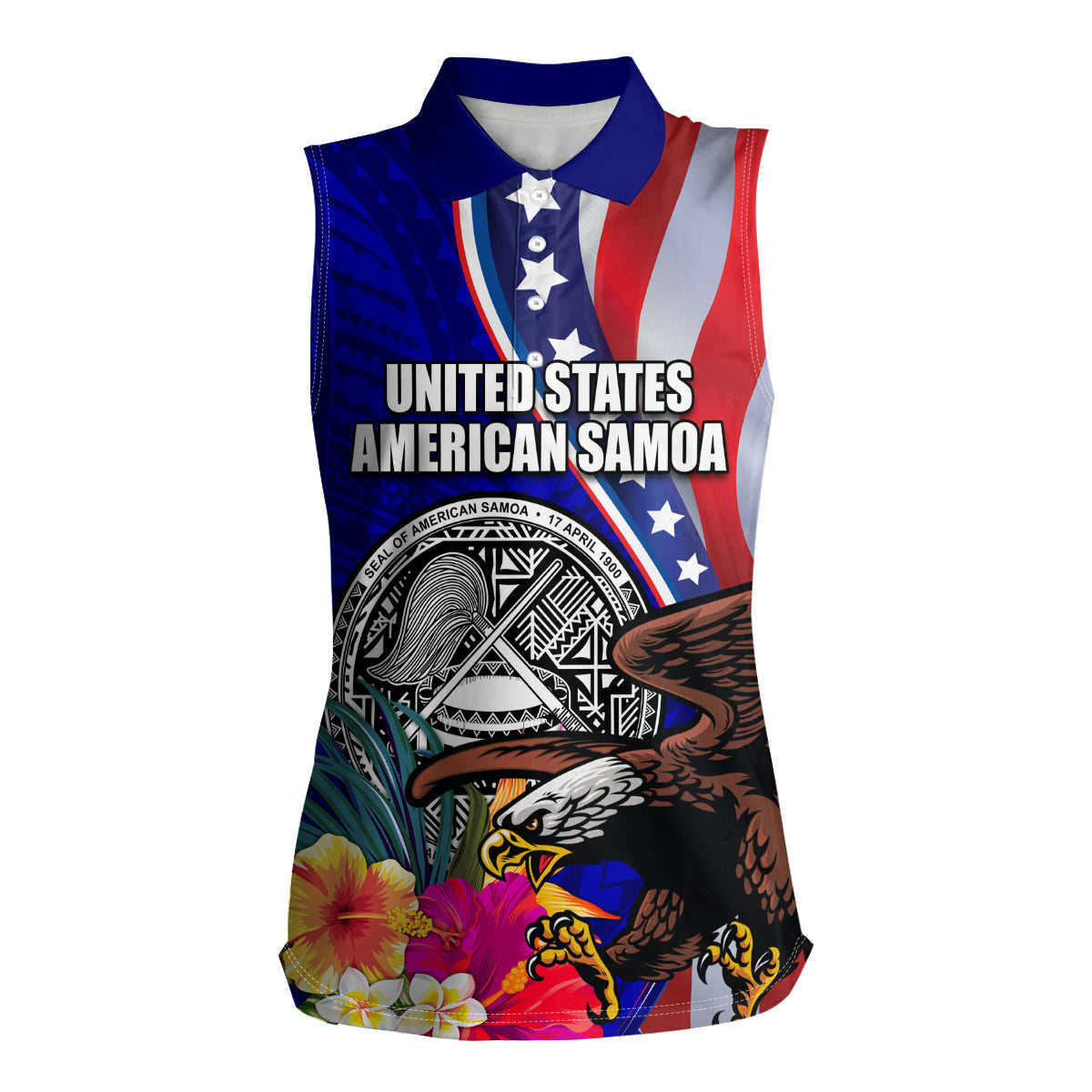 Personalised American Samoa and United States Women Sleeveless Polo Shirt Bald Eagle and Seal Hibiscus Polynesian Pattern LT03 Female Blue - Polynesian Pride