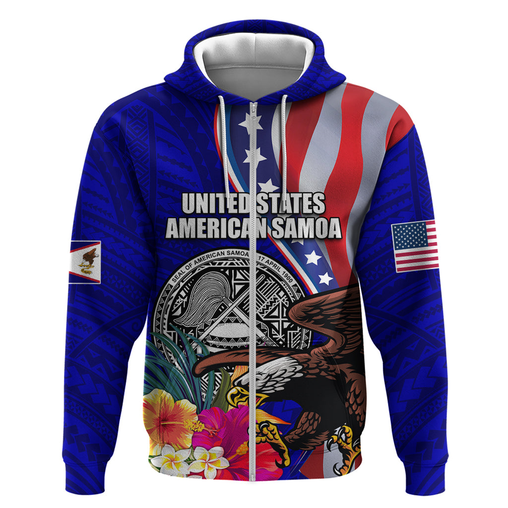 Personalised American Samoa and United States Zip Hoodie Bald Eagle and Seal Hibiscus Polynesian Pattern LT03 Zip Hoodie Blue - Polynesian Pride