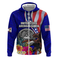 Personalised American Samoa and United States Zip Hoodie Bald Eagle and Seal Hibiscus Polynesian Pattern LT03 Zip Hoodie Blue - Polynesian Pride