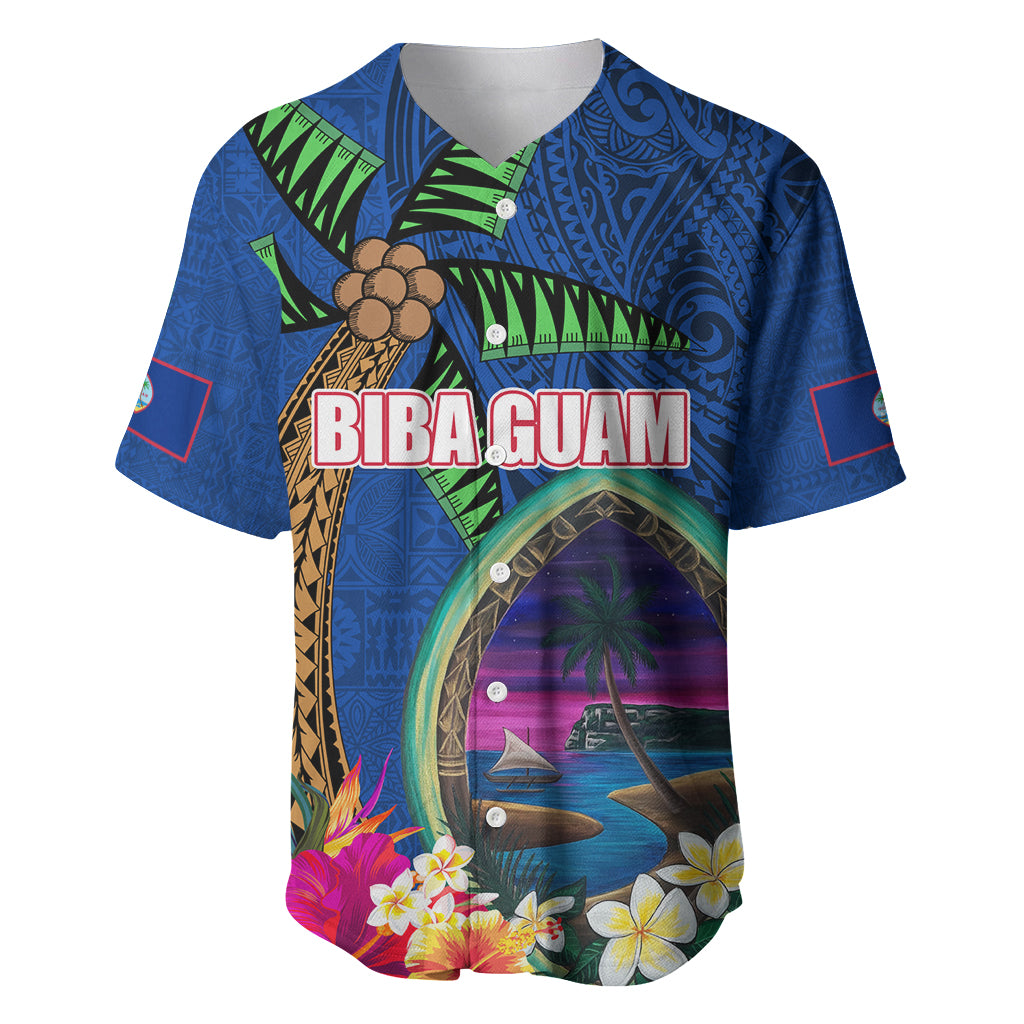 Guam Liberation Day 80th Anniversary Baseball Jersey Palm Tree and Seal Artwork Hibiscus Polynesian Pattern