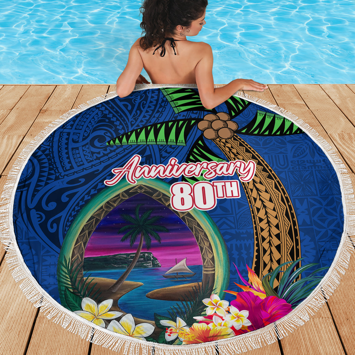 Guam Liberation Day 80th Anniversary Beach Blanket Palm Tree and Seal Artwork Hibiscus Polynesian Pattern LT03 - Polynesian Pride