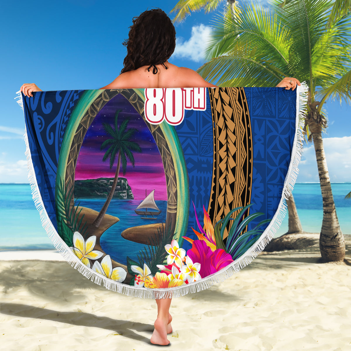 Guam Liberation Day 80th Anniversary Beach Blanket Palm Tree and Seal Artwork Hibiscus Polynesian Pattern LT03 - Polynesian Pride
