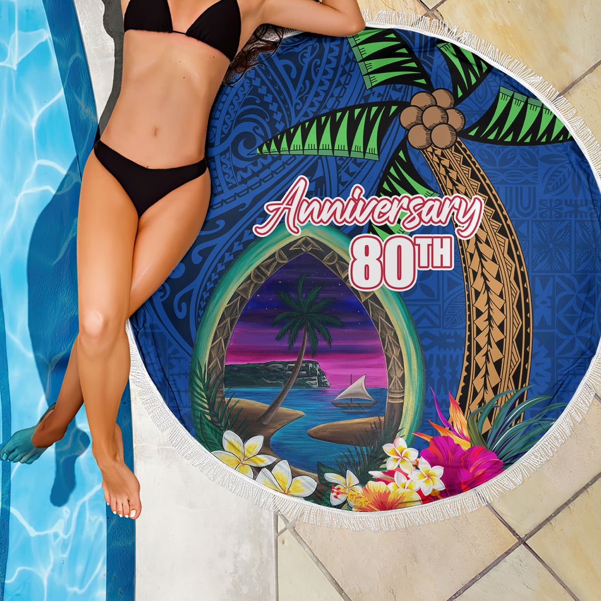 Guam Liberation Day 80th Anniversary Beach Blanket Palm Tree and Seal Artwork Hibiscus Polynesian Pattern LT03 - Polynesian Pride