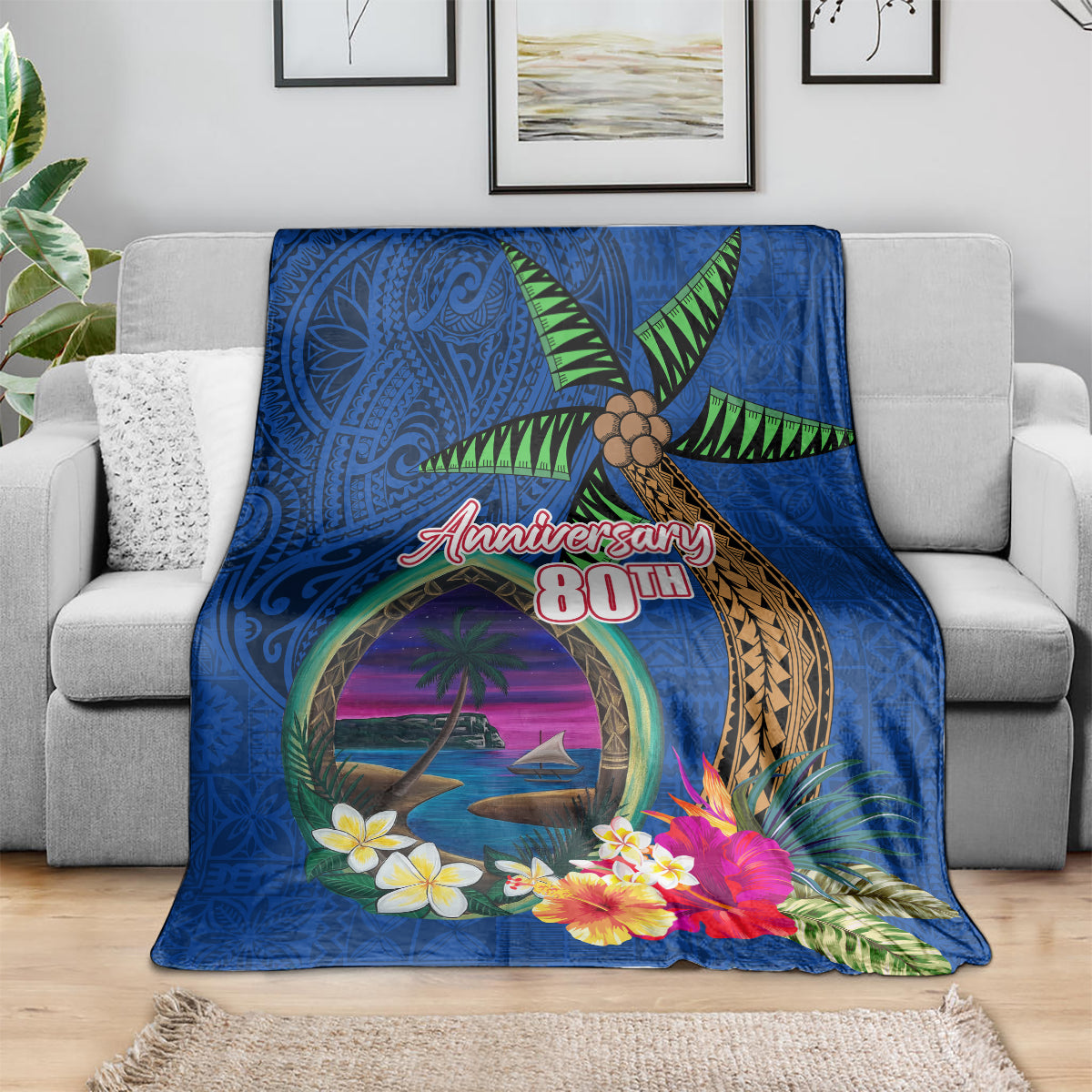 Guam Liberation Day 80th Anniversary Blanket Palm Tree and Seal Artwork Hibiscus Polynesian Pattern