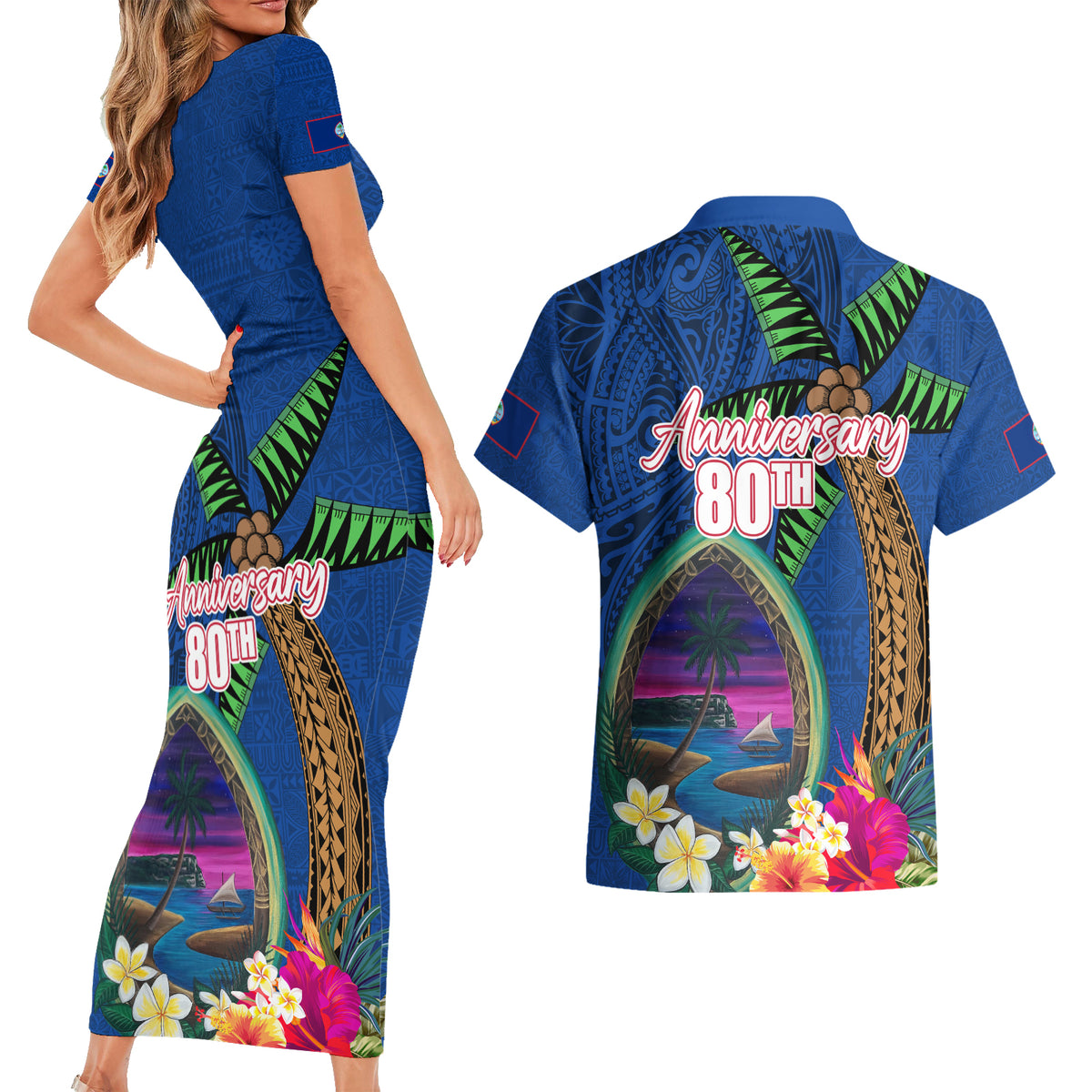 Guam Liberation Day 80th Anniversary Couples Matching Short Sleeve Bodycon Dress and Hawaiian Shirt Palm Tree and Seal Artwork Hibiscus Polynesian Pattern