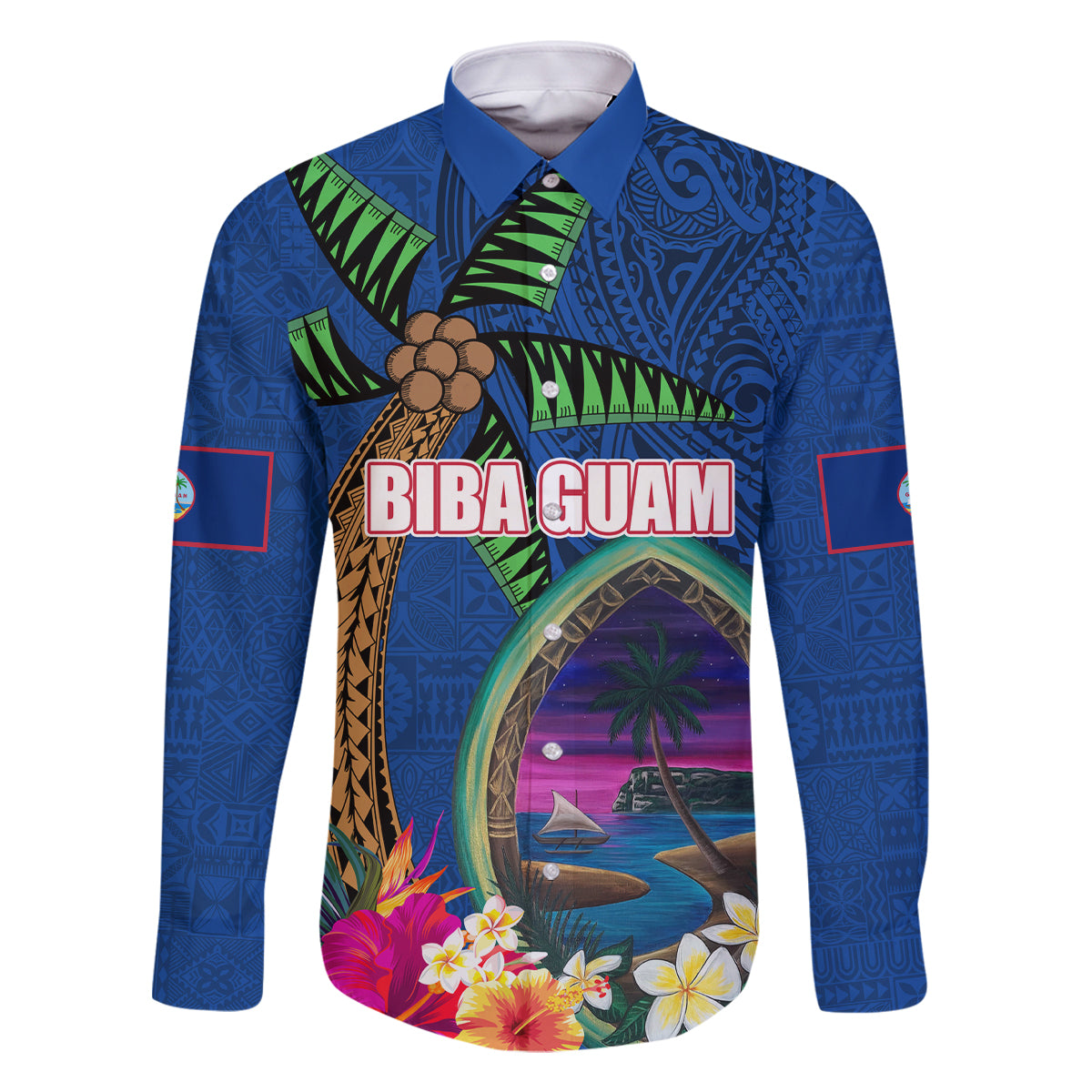 Guam Liberation Day 80th Anniversary Family Matching Long Sleeve Bodycon Dress and Hawaiian Shirt Palm Tree and Seal Artwork Hibiscus Polynesian Pattern LT03 Dad's Shirt - Long Sleeve Blue - Polynesian Pride