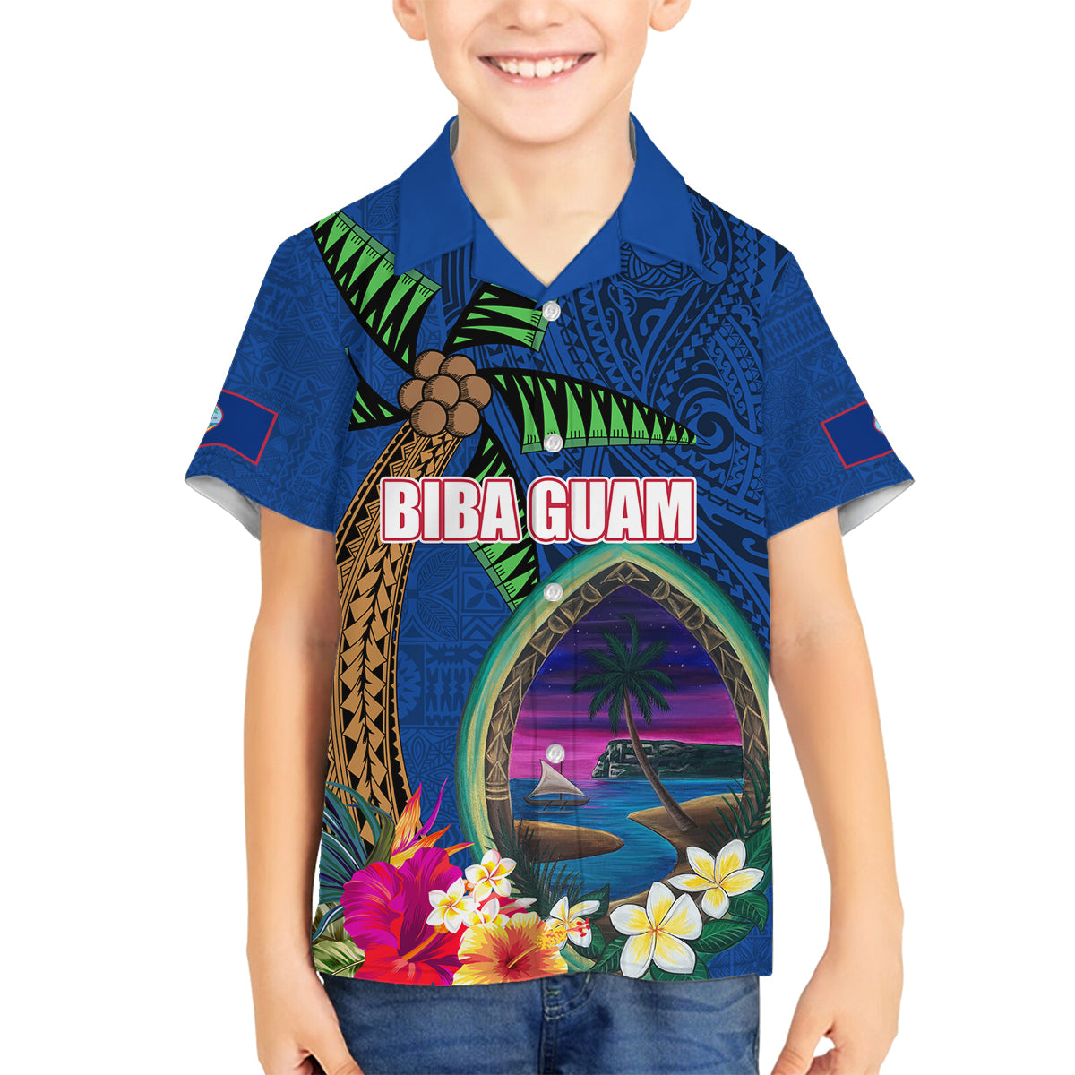 Guam Liberation Day 80th Anniversary Family Matching Long Sleeve Bodycon Dress and Hawaiian Shirt Palm Tree and Seal Artwork Hibiscus Polynesian Pattern LT03 Son's Shirt Blue - Polynesian Pride